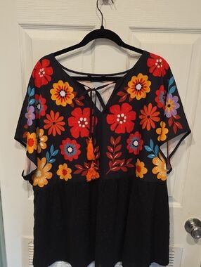 Boho Floral Tie-Front Women's Top in Black with Multicolor Flowers